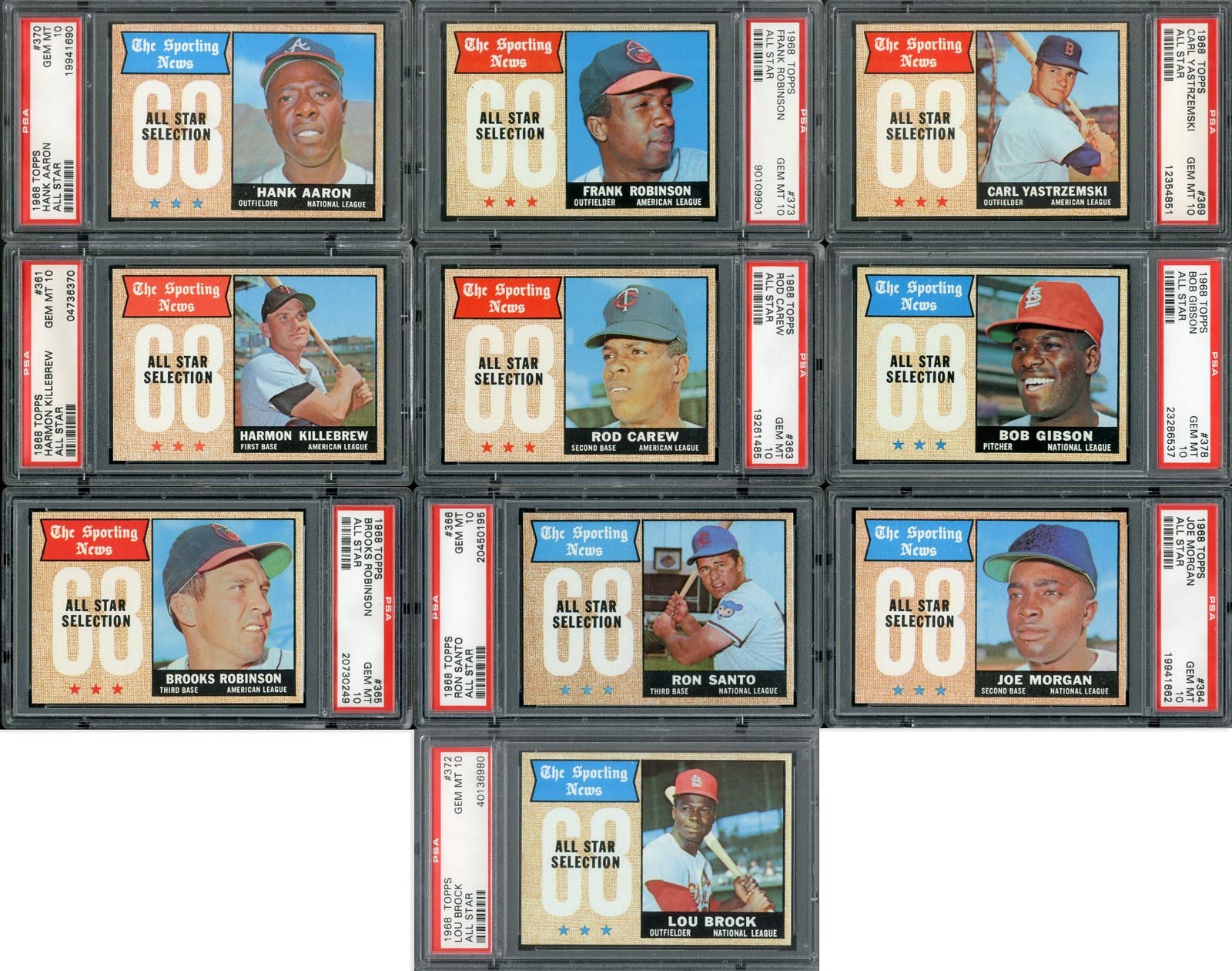 - 1968 Topps Hall of Fame All-Star PSA GEM MINT 10 Collection (10)