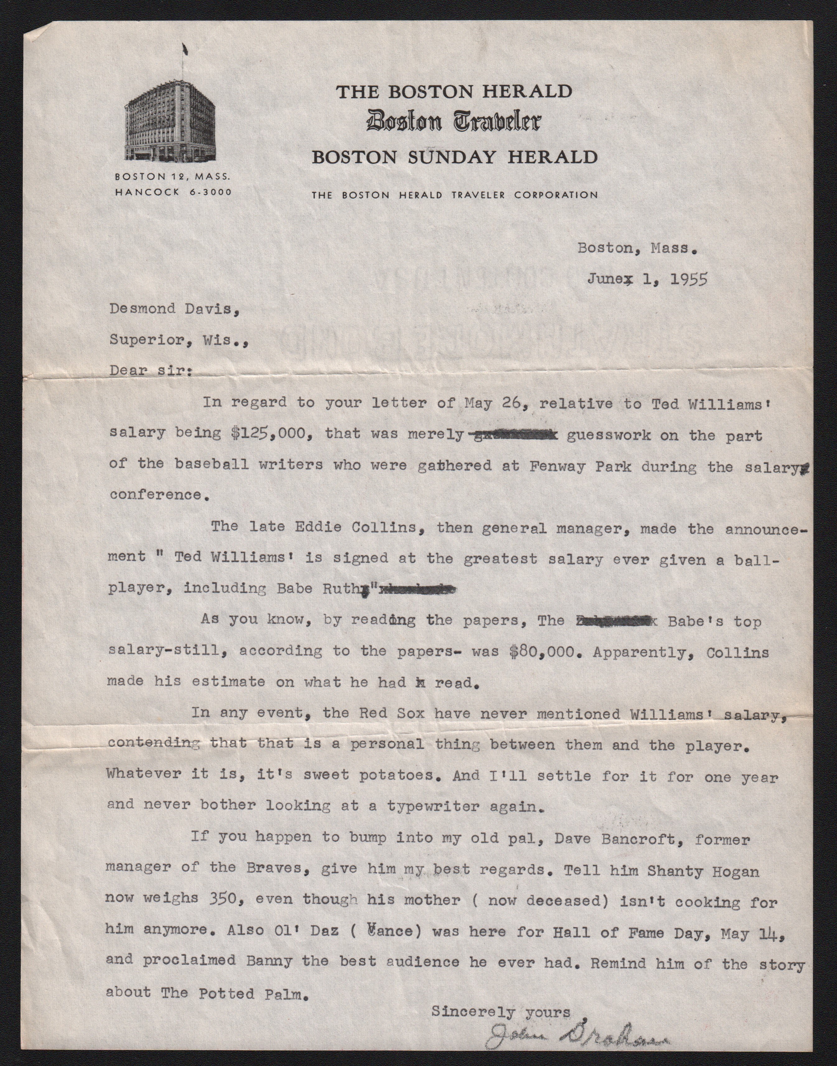 Dave Bancroft Collection - 1955 Ted Williams Salary Letter from the Dave Bancroft Estate