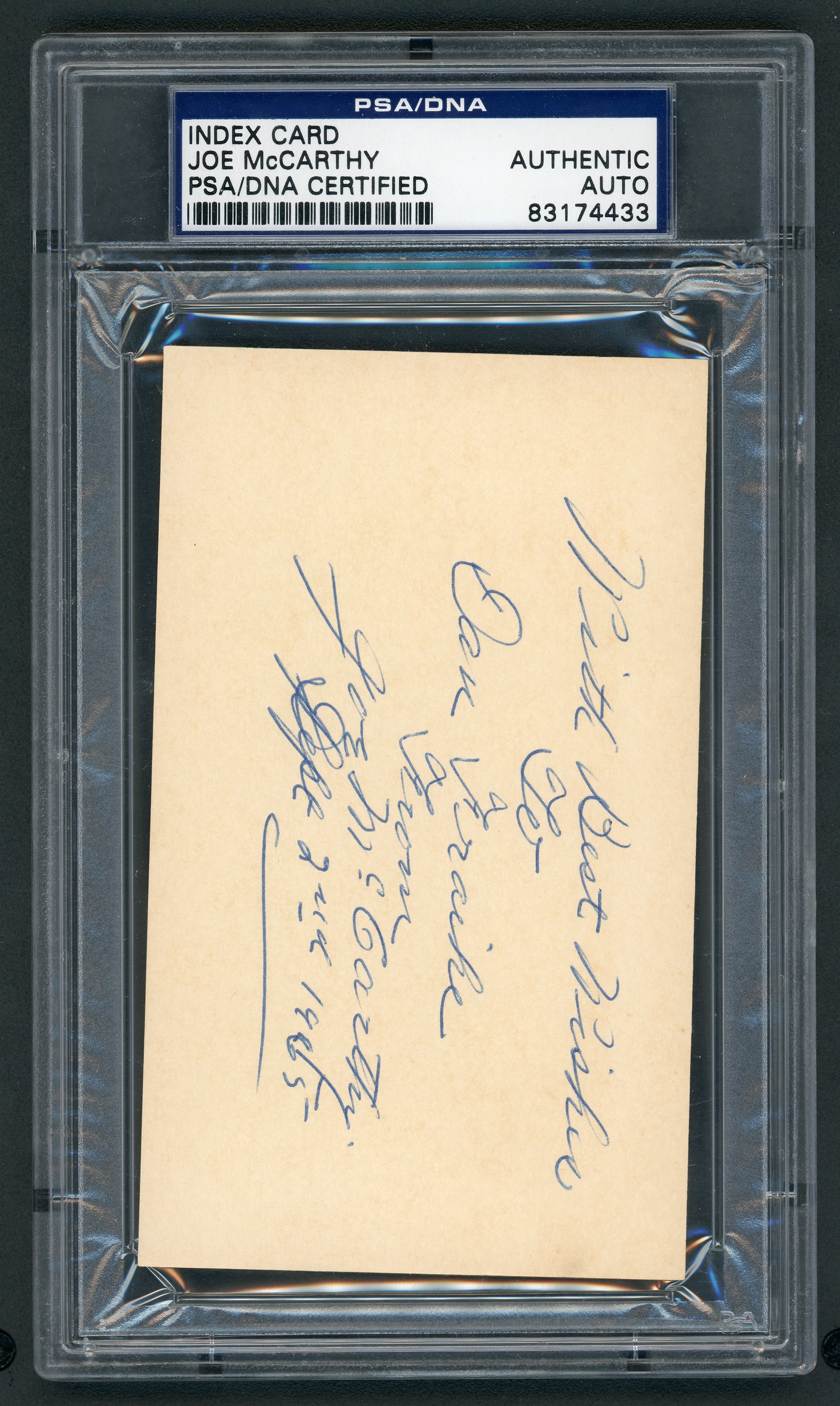 Baseball Autographs - 1965 Joe McCarthy Signed Index Card (PSA/DNA)