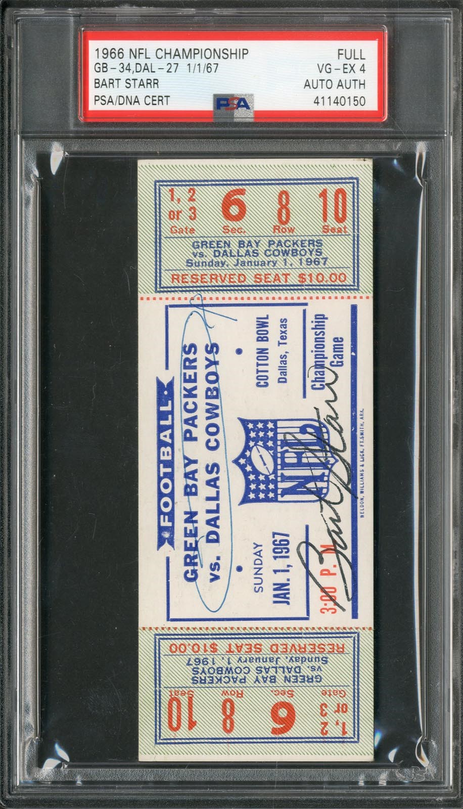 Football - 1966 NFL Championship Full Ticket Signed by Bart Starr (PSA)