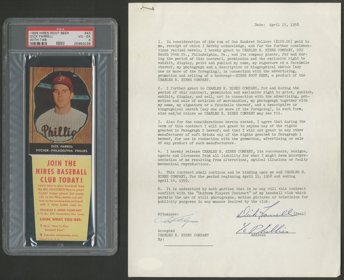 - Dick Farrell Signed Contract for 1958 Hires Root Beer and PSA 4 1958 Hires Root Beer with Tab