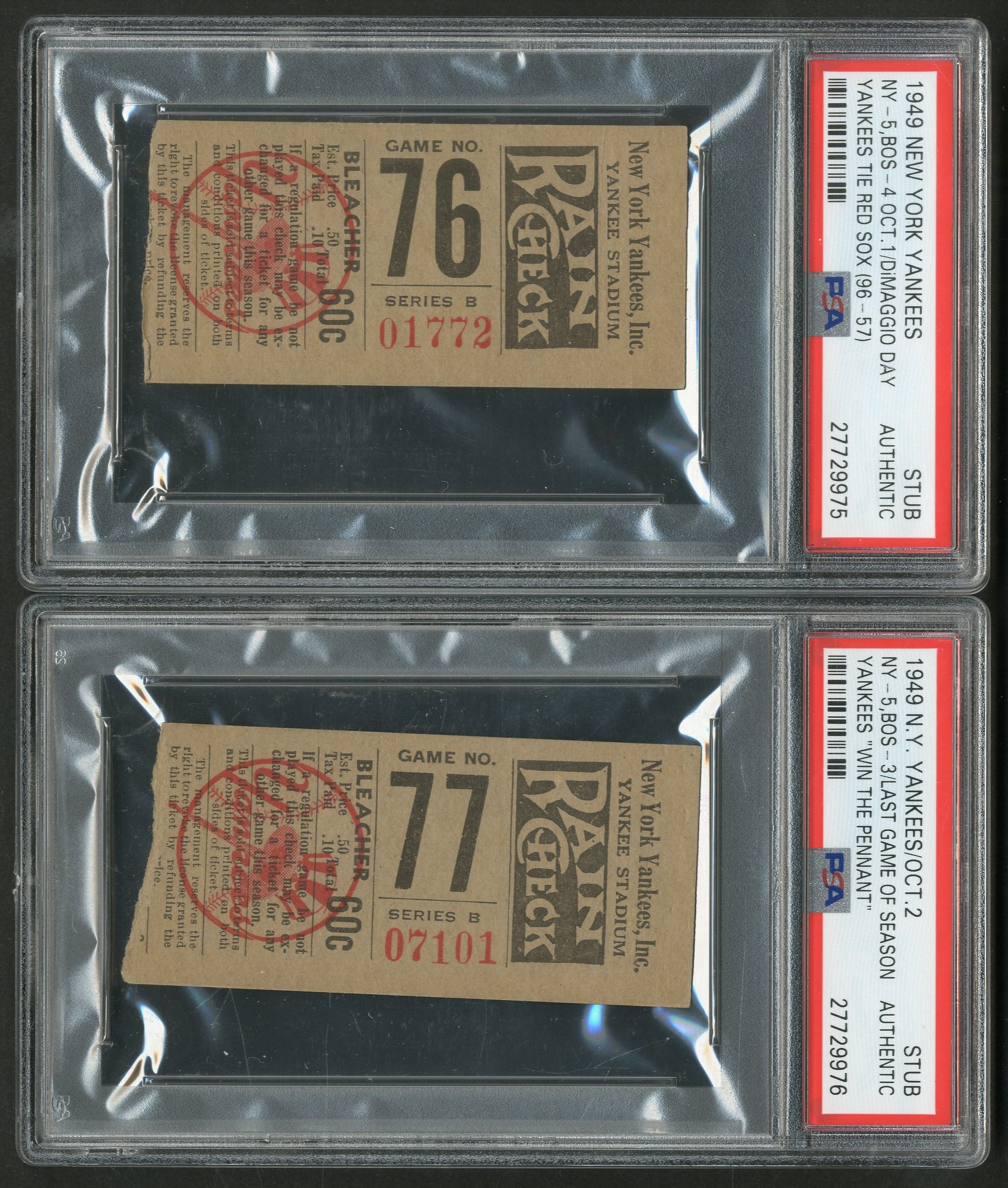 NY Yankees, Giants & Mets - Important 1949 New York Yankees Tie Red Sox & Yankees "Win the Pennant" Ticket Stubs - DiMaggio Day (PSA)