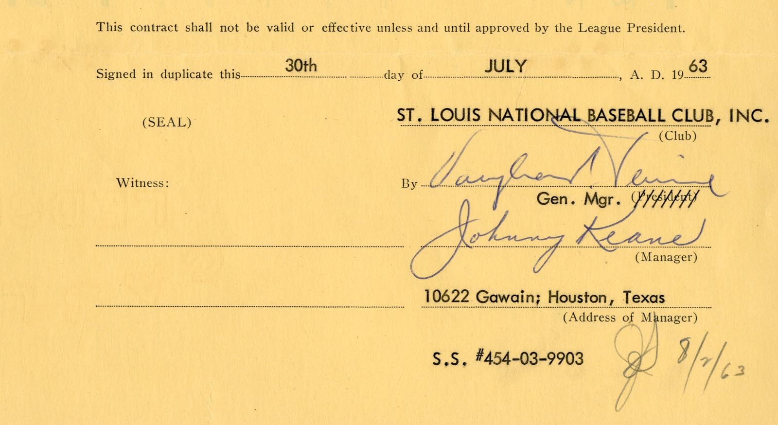 St. Louis Cardinals - 1964 John Keane Signed Managerial Contract - Championship Season