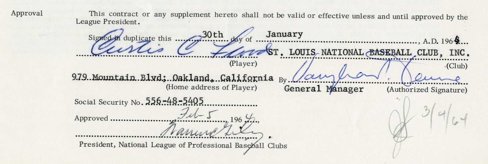 St. Louis Cardinals - 1964 Curt Flood Signed Cardinals Uniform Player's Contract - Championship Season