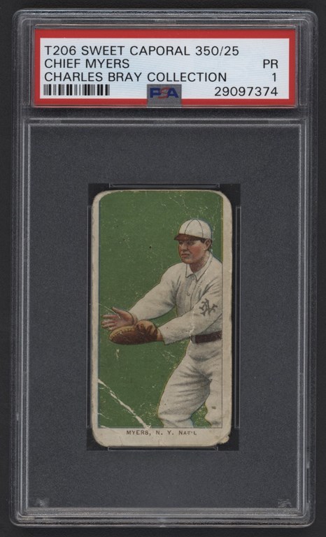 Baseball and Trading Cards - T206 Sweet Caporal 350/25 Chief Meyers PSA PR 1 From The Charles Bray Collection
