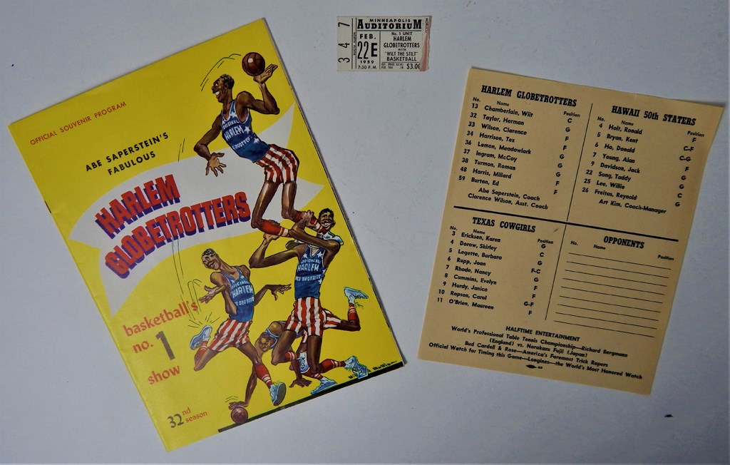Basketball - 1959 Wilt Chamberlain Harlem Globetrotters Program, Scoresheet & Ticket