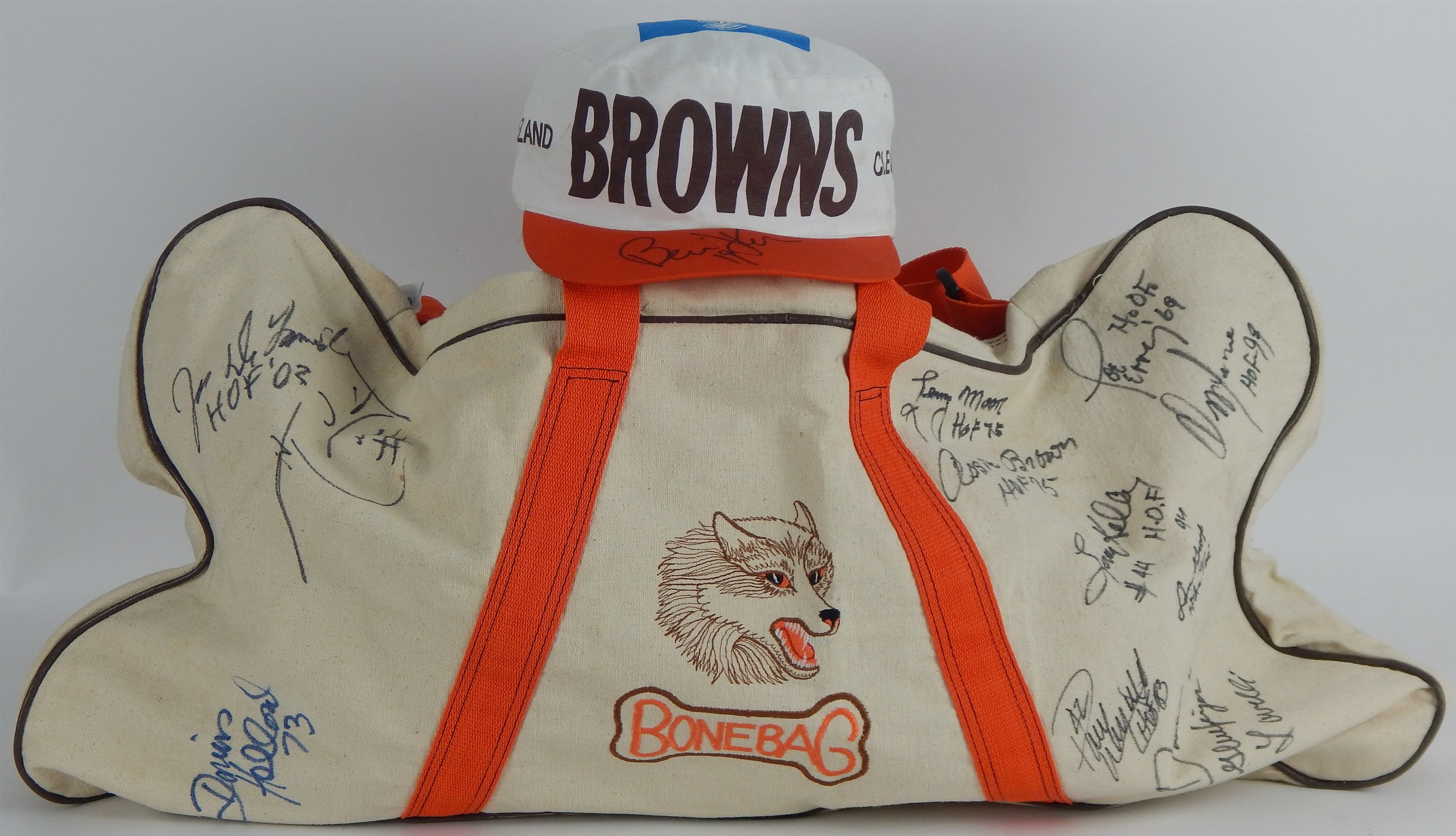 Autographs Football - Cleveland Browns Signed "Bone Bag" w/ Kosar Signed Hat