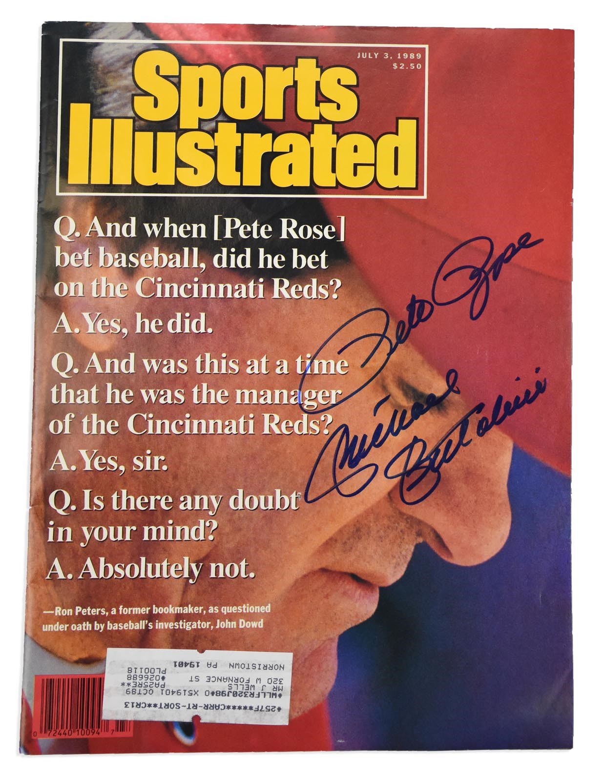 Pete Rose & Cincinnati Reds - Never Before Seen 1989 Pete Rose & Michael Bertolini Dual Signed Sports Illustrated (PSA)