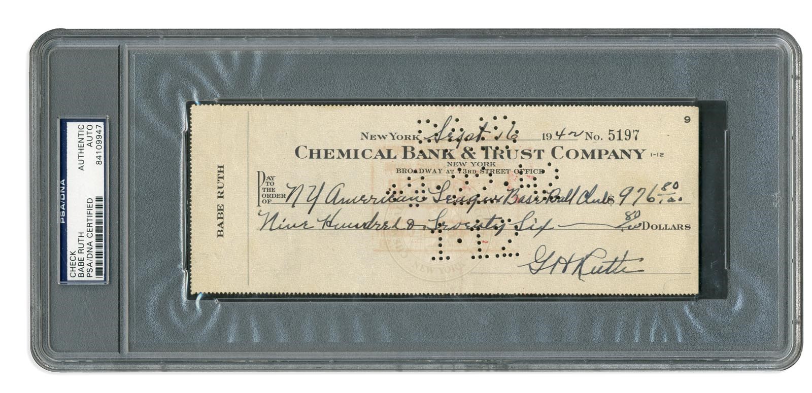 1942 Babe Ruth Bank Check Made Out To The New York Yankees (PSA)