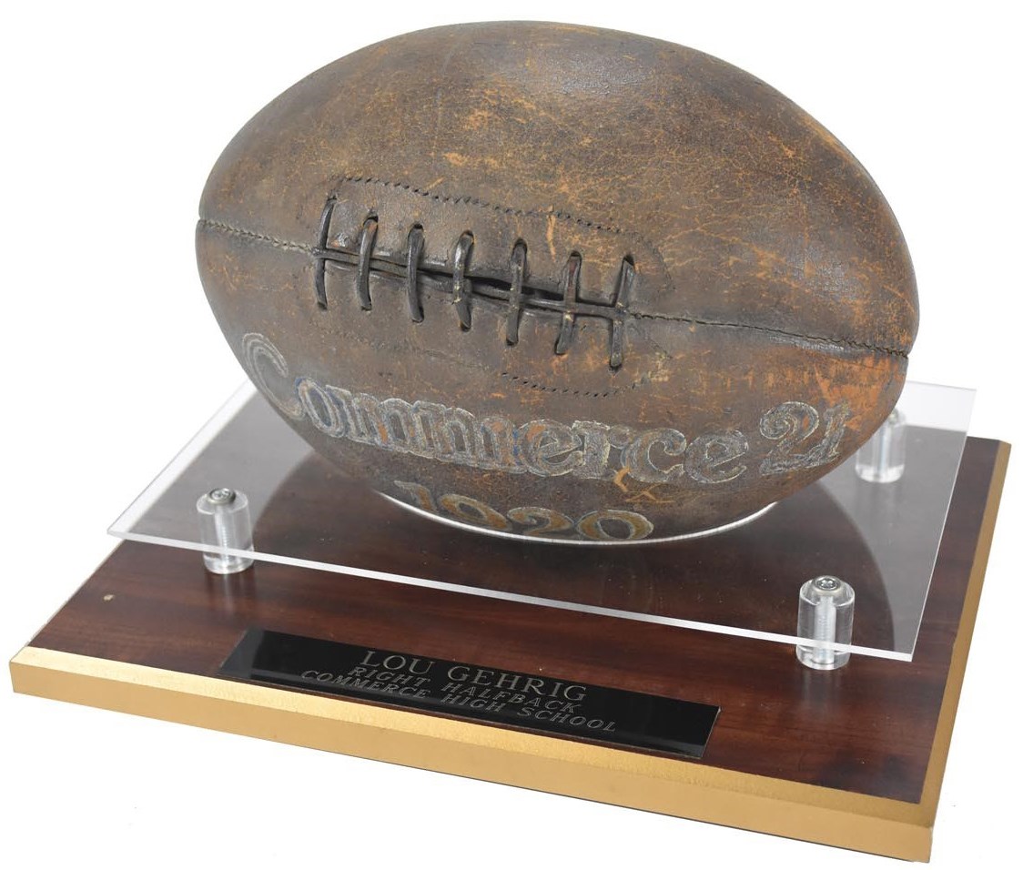 Ruth and Gehrig - 1920 Commerce High School Painted Game Football & Yearbook - Earliest known Lou Gehrig Game Used Memorabilia