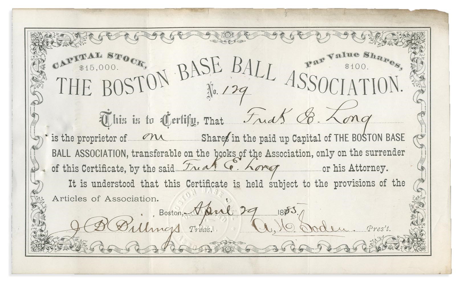 Boston Sports - 1885 Boston Beaneaters Stock Certificate