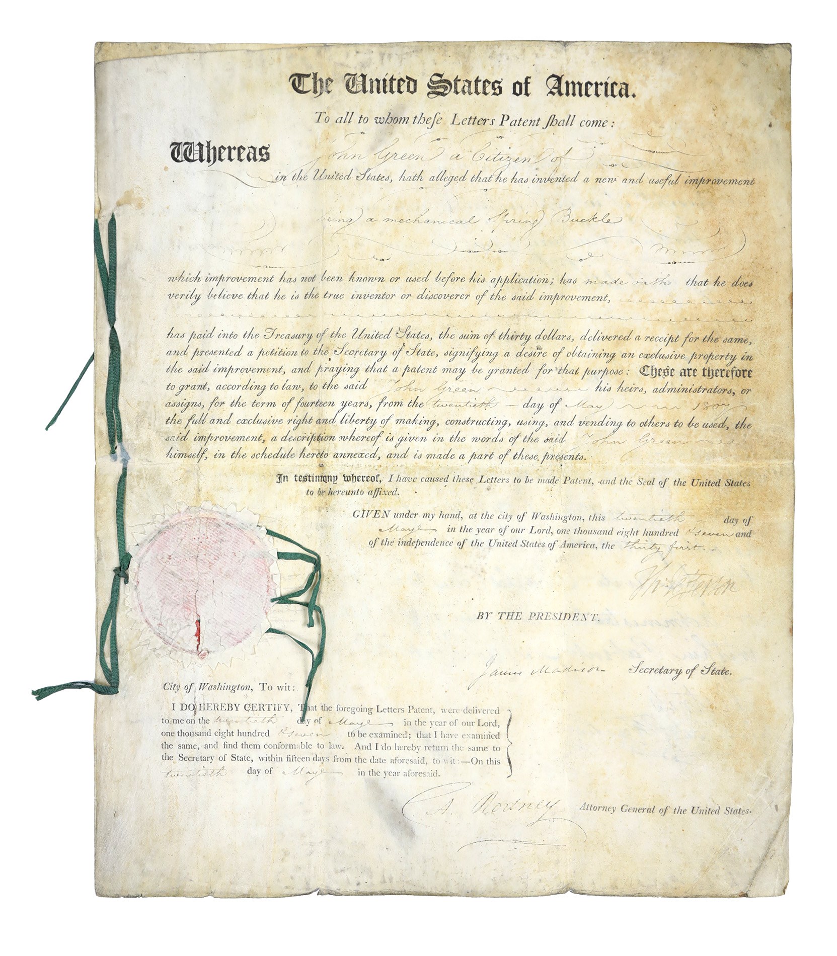 1807 Thomas Jefferson and James Madison Signed Patent (JSA)
