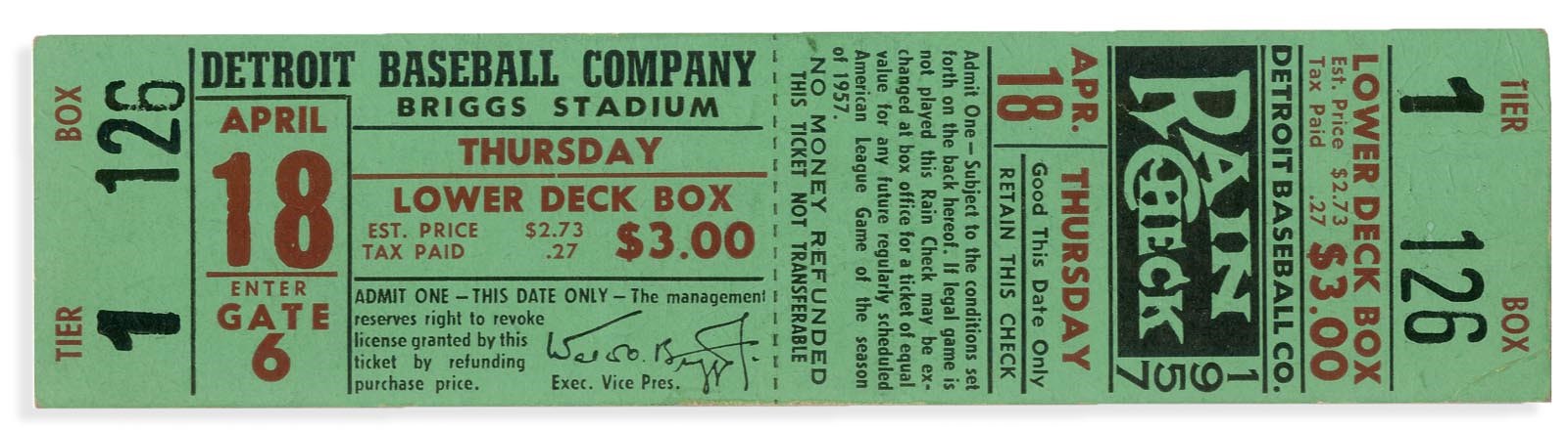 1957 Roger Maris First Career Home Run (Grand Slam) Full Ticket