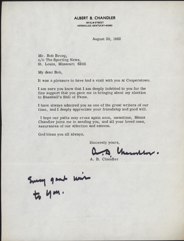 Baseball Autographs - Historic 1982 Happy Chandler Letter Congratulating Bob Broeg On His HOF Induction