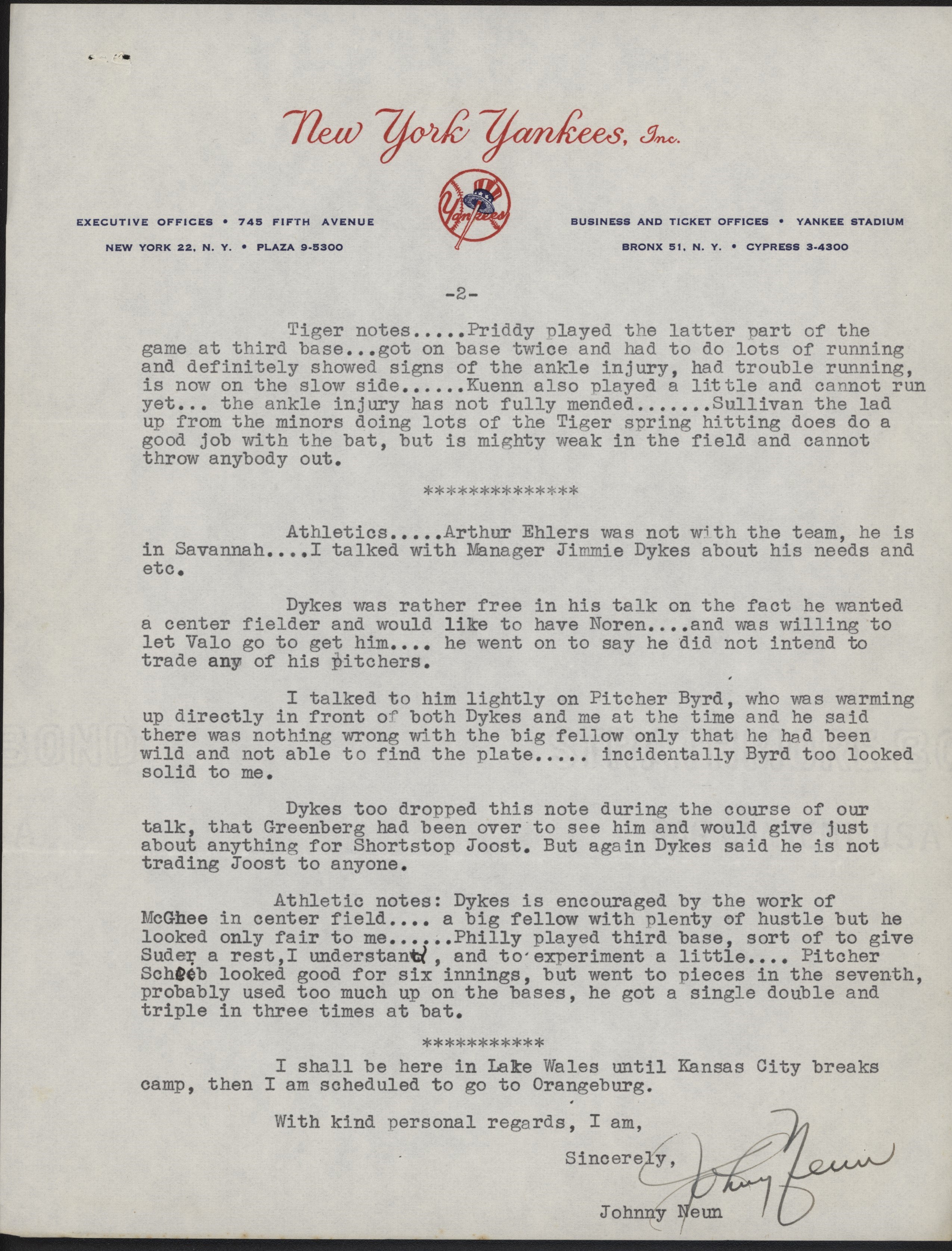 NY Yankees, Giants & Mets - 1953 Yankees Scouting Report to George Weiss