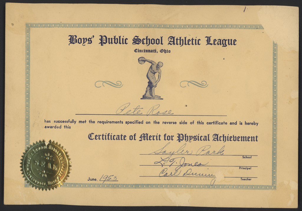 Pete Rose & Cincinnati Reds - 1953 Pete Rose Athletic Certificate of Merit