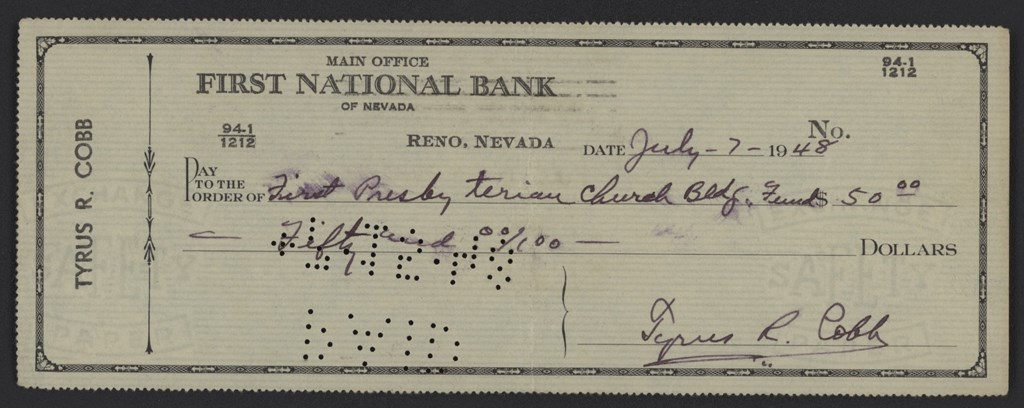 Ty Cobb and Detroit Tigers - Ty Cobb Signed Bank Check