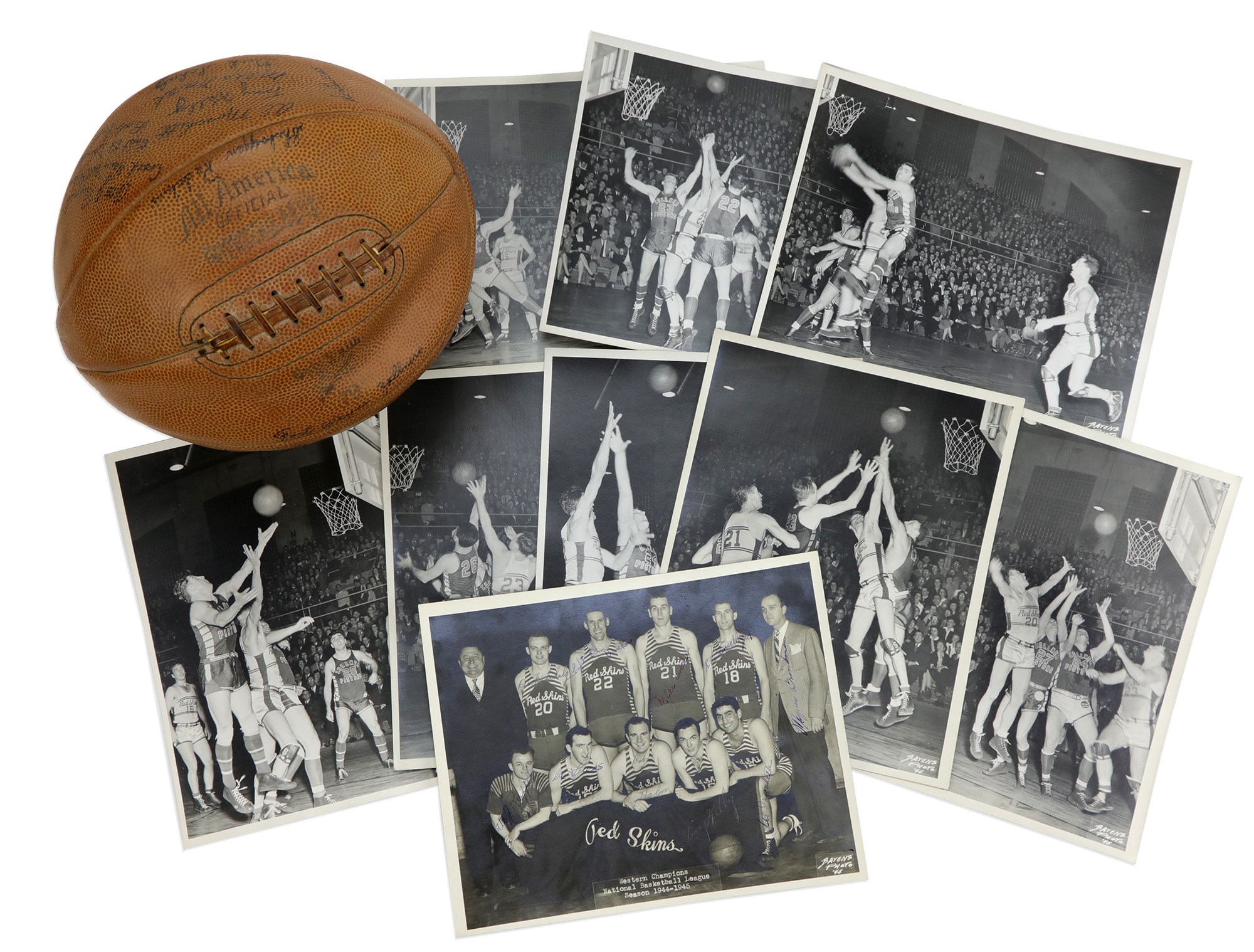 - 1944-45 Fort Wayne Zollner Pistons vs. Sheboygan Redskins NBL Championship Collection w/Team Signed Ball (10)