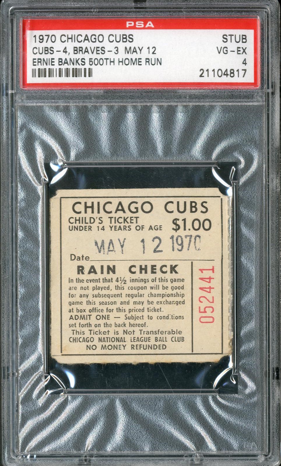 Tickets, Publications & Pins - 1970 Ernie Banks 500th. Home Run Ticket (PSA 4)
