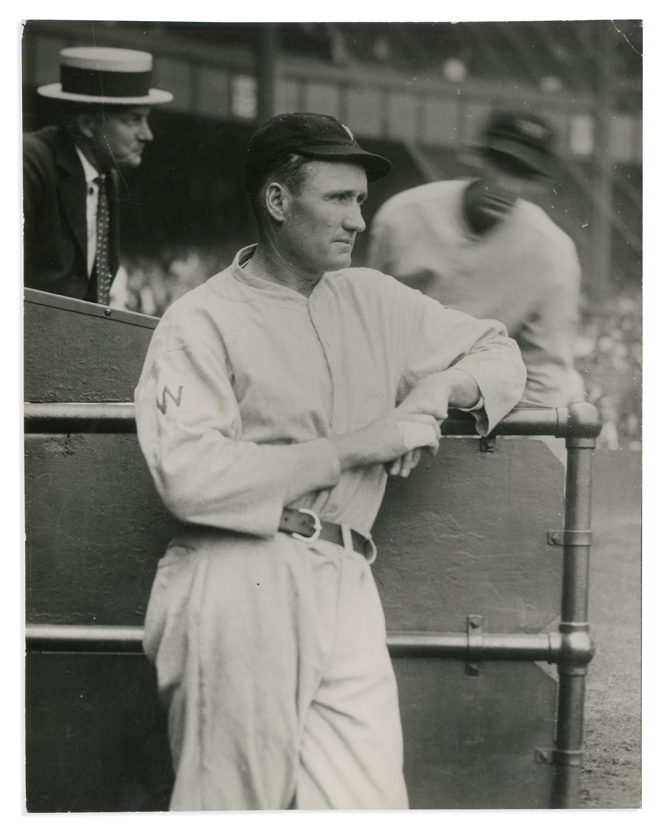 Vintage Sports Photographs - 1920's Walter Johnson Type 1 Wire Photo - Pensive Loner by Dugout