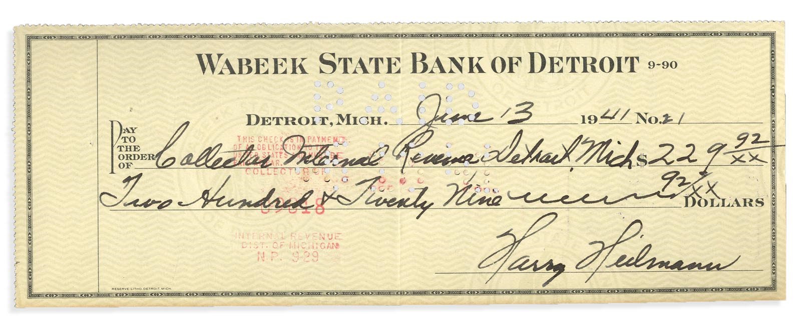 1941 Harry Heilmann Signed Bank Check