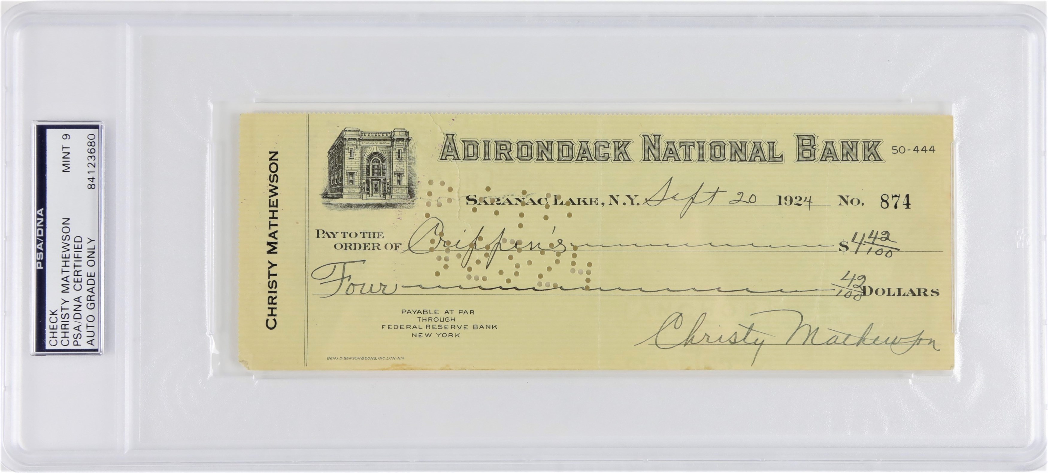 - 1924 Christy Mathewson "Last" Signed Check with Stern Letter from Mrs. Mathewson (PSA MINT 9)