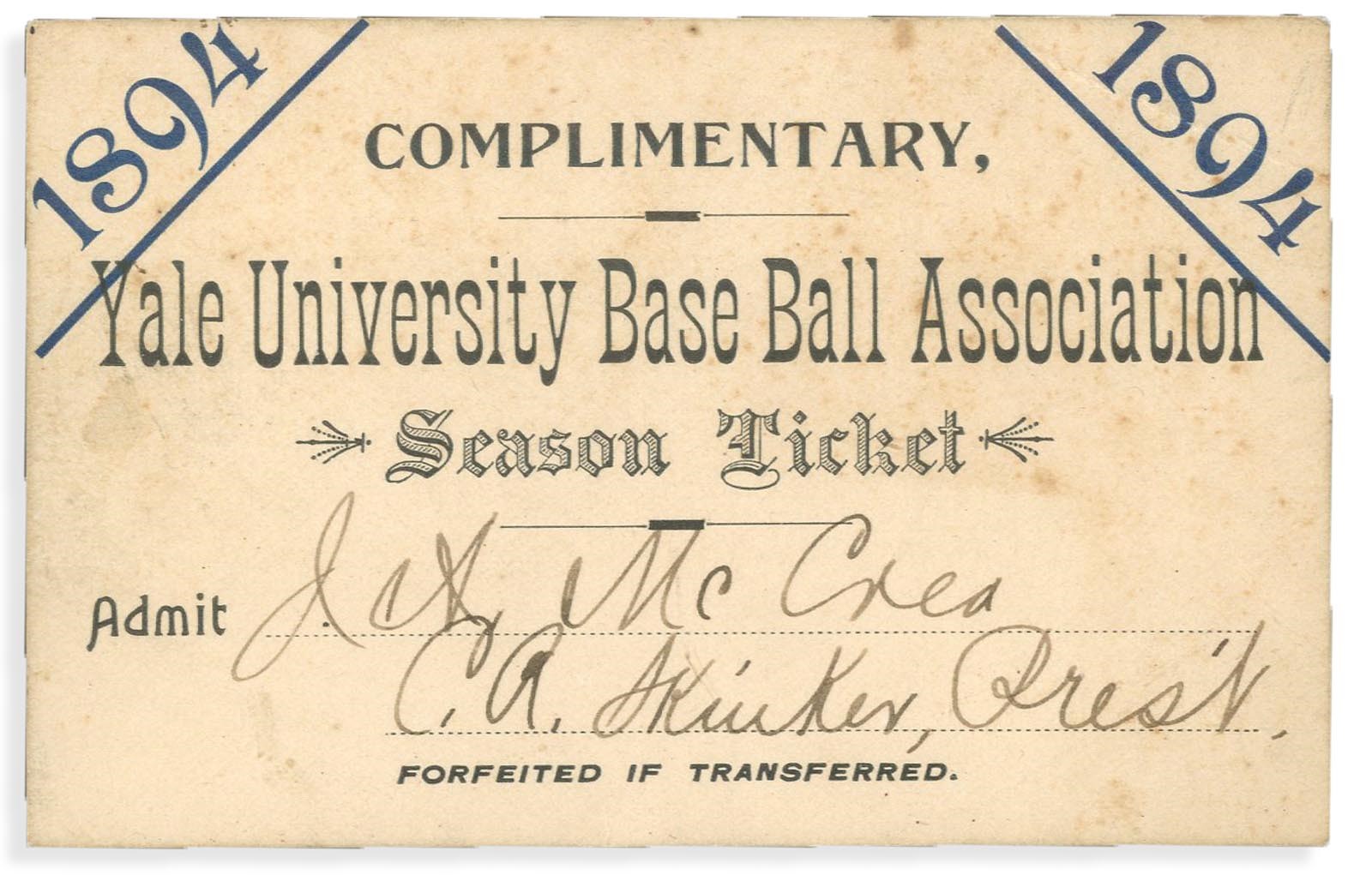 Early Baseball - 1894 Yale Baseball Season Ticket