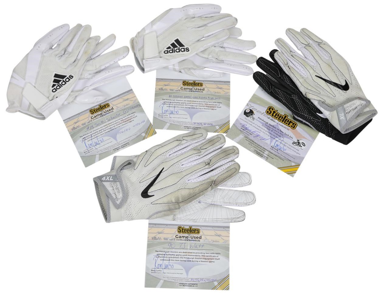 - Pittsburgh Steelers Stars Game Worn Gloves - Bell, Conner, Smith-Schuster & Watt (Each Photo-Matched & Steelers LOAs)