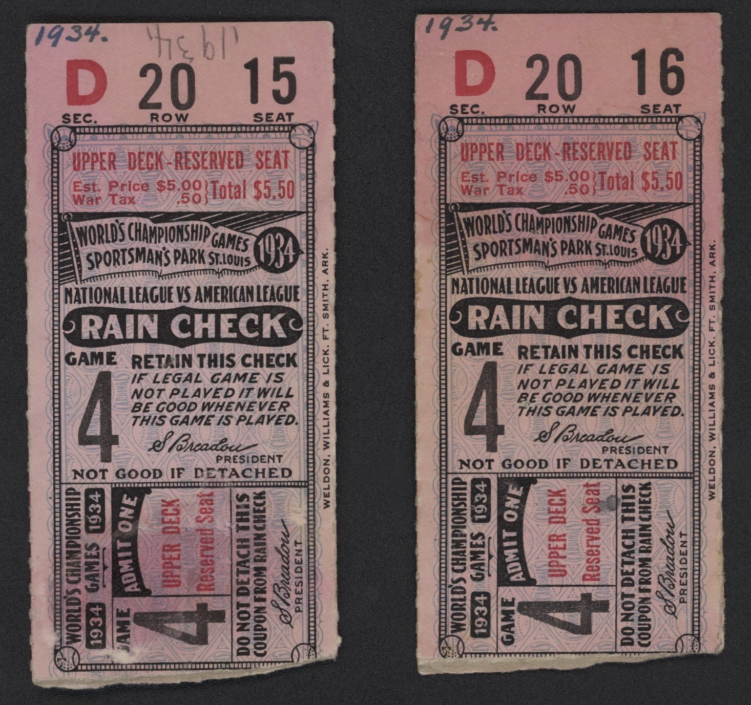 Tickets, Publications & Pins - 1934 St. Louis Cardinals World Series Tickets (2) via HoFer Bob Broeg