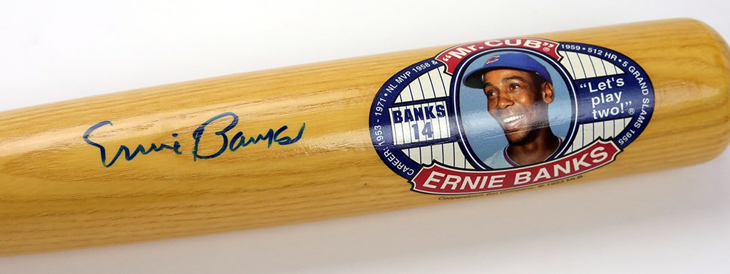 Baseball Autographs - Ernie Banks Signed "Lets's Play Two" Commemorative Bat
