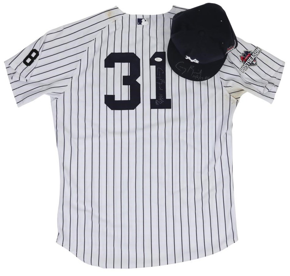 NY Yankees, Giants & Mets - 2015 Greg Bird 1st Postseason Hit Game Worn Yankees Jersey & Cap (Steiner & Photo-Matched)