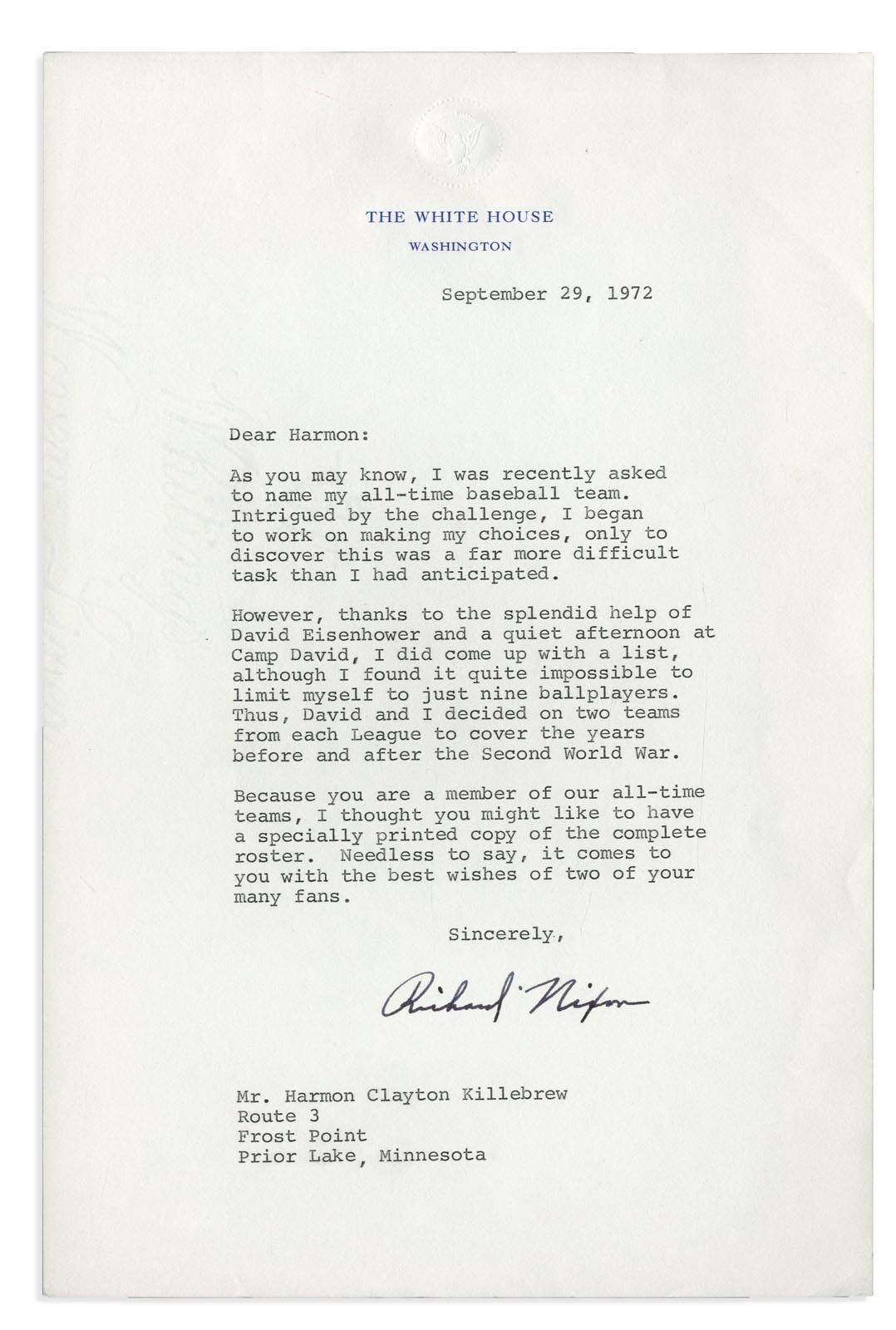 - 1972 Richard Nixon "President's All Time Baseball Team" Letter to Harmon Killebrew (Secretarial)