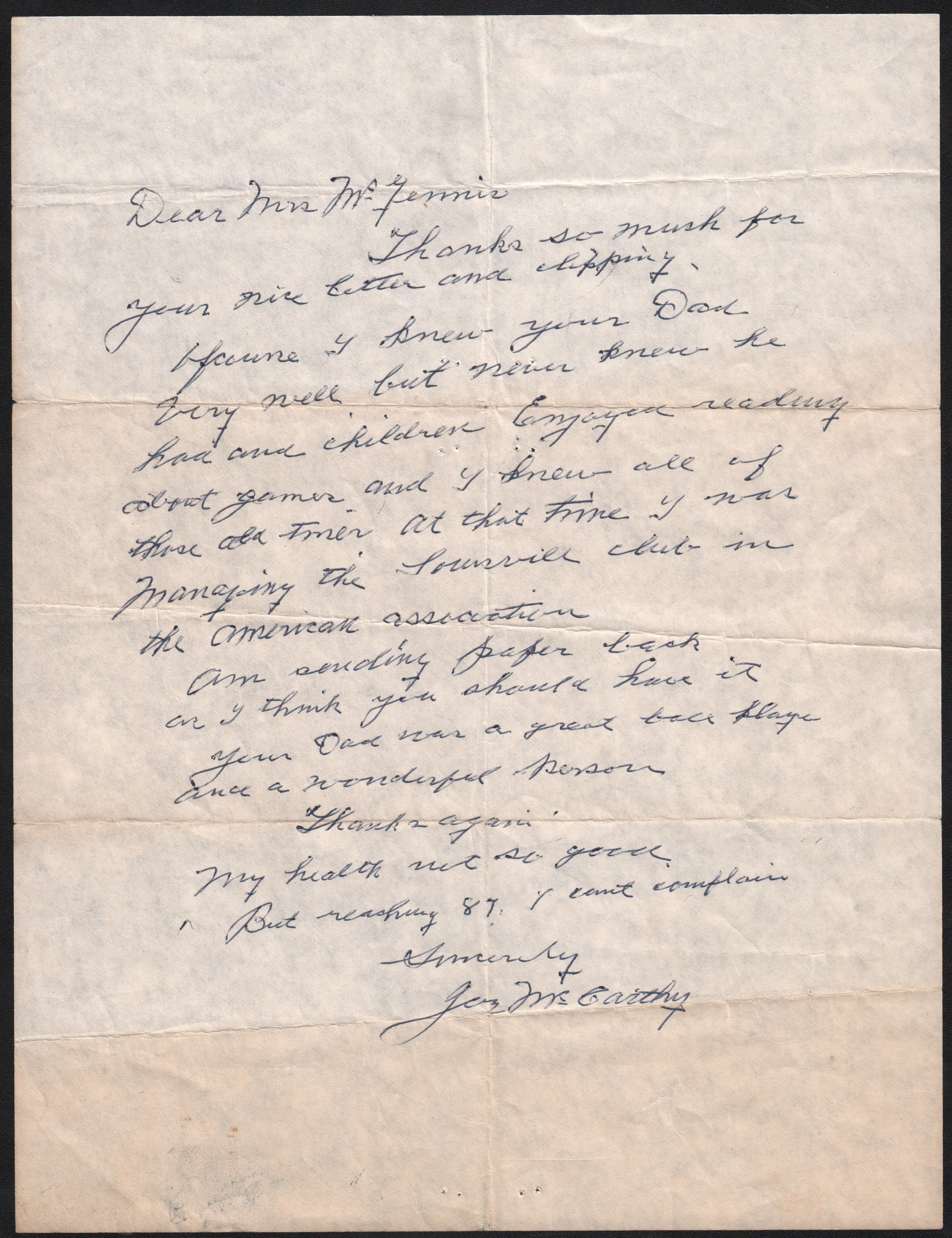 Baseball Autographs - Joe McCarthy Handwritten Letter Regarding Jumbo McGinnis