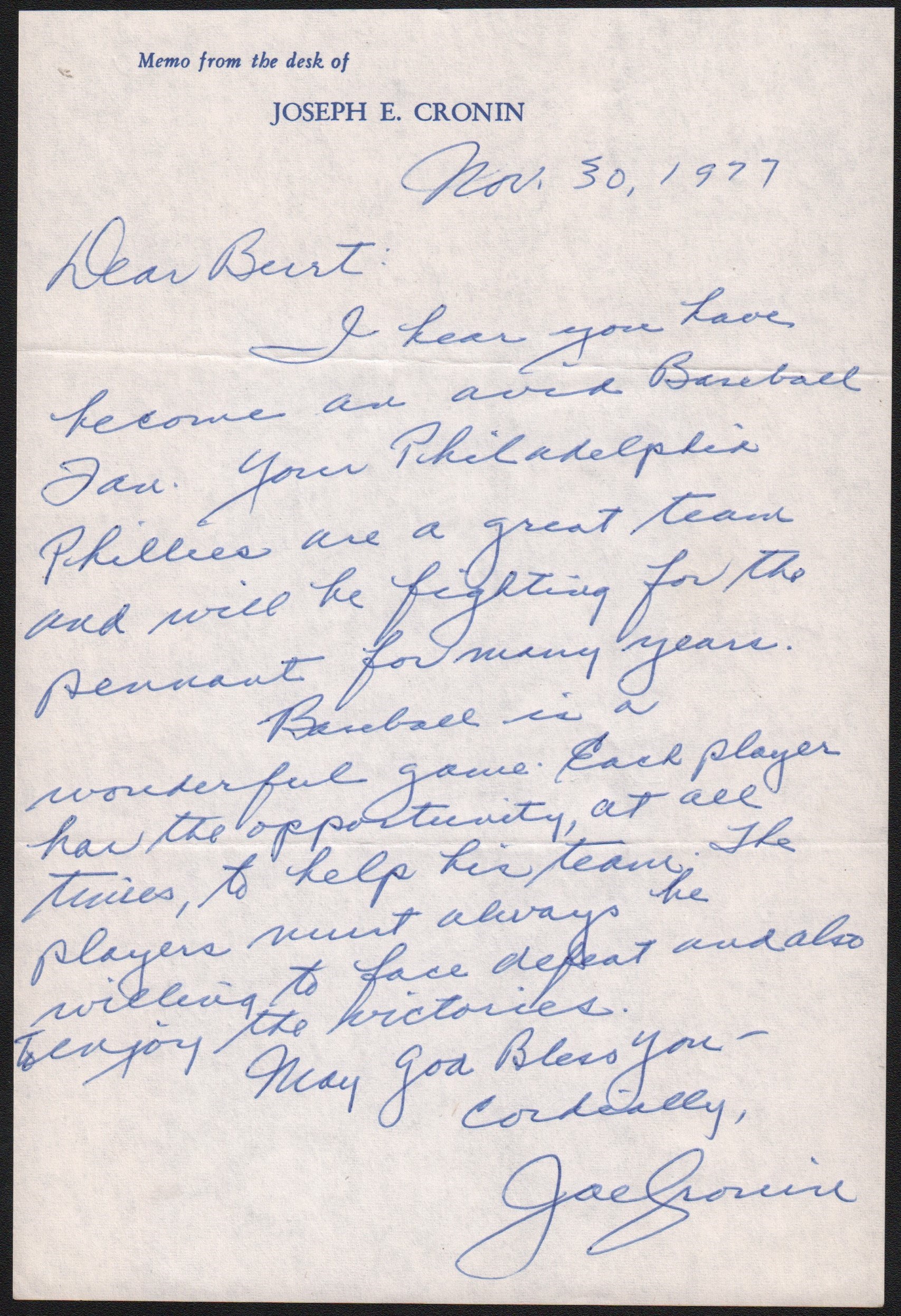 Baseball Autographs - Joe Cronin Handwritten Letter with Baseball Content