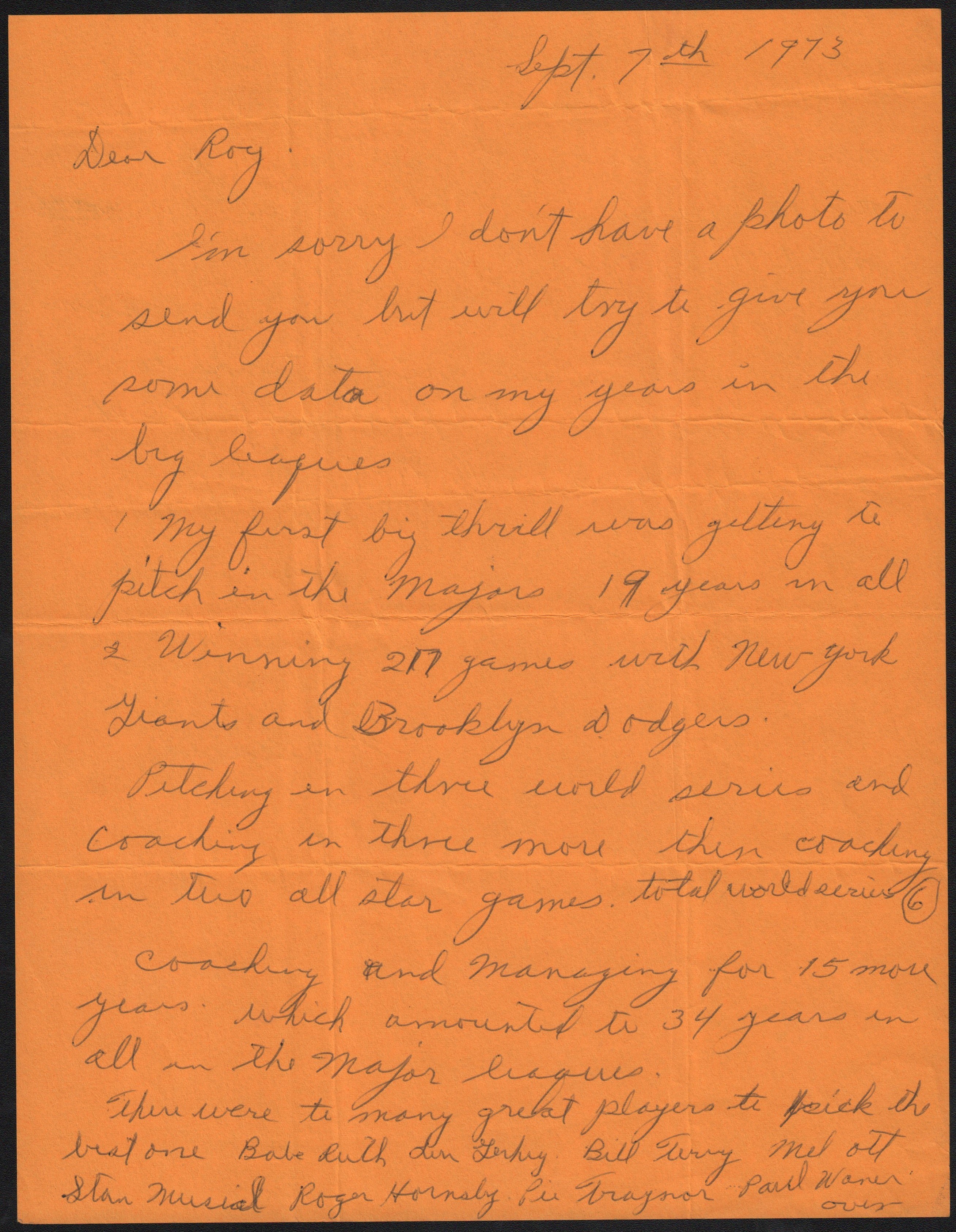 Baseball Autographs - 1973 Fred Fitzsimmons Handwritten Letter with Babe Ruth Content