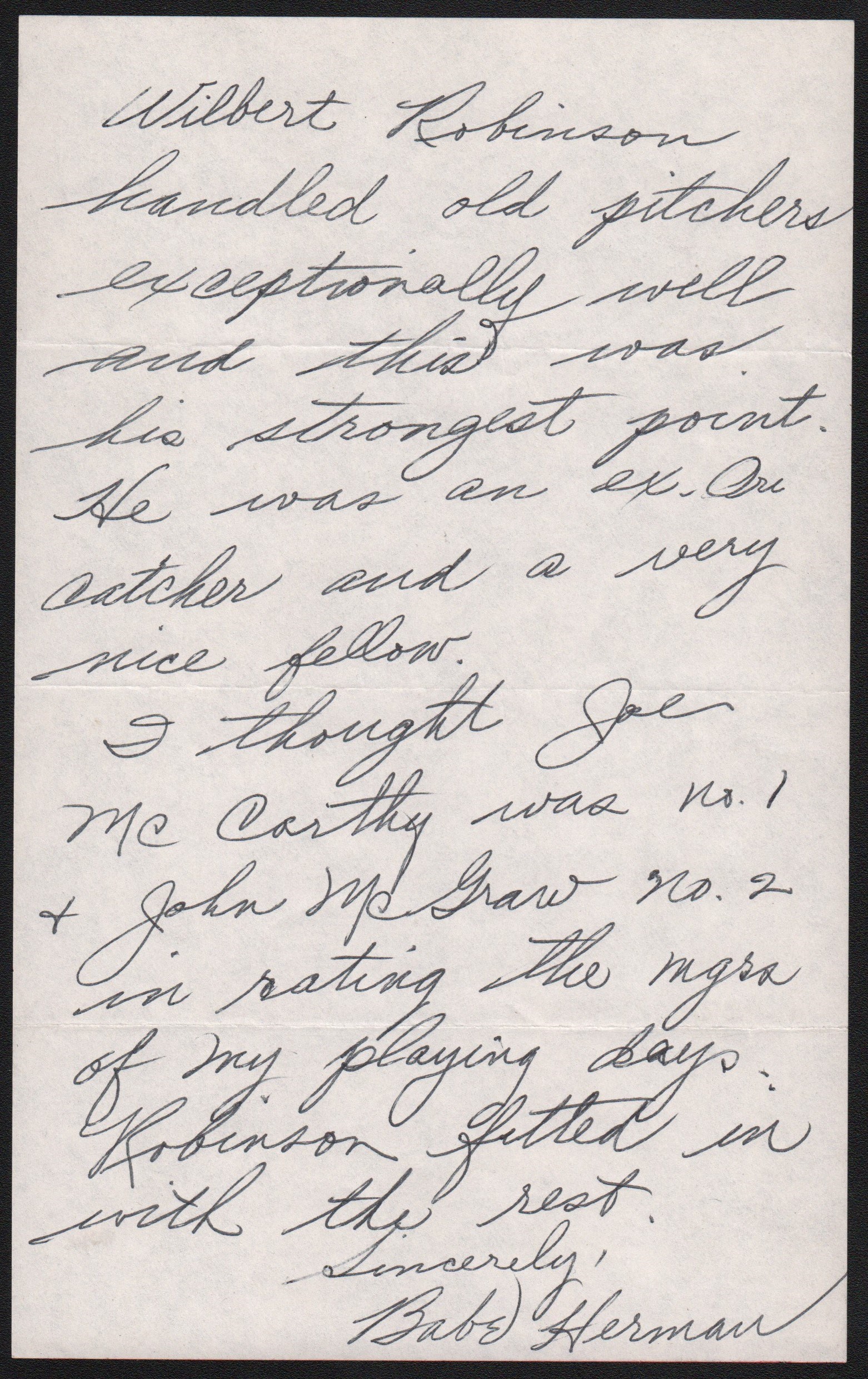 - Babe Herman 1-Page Handwritten Letter w/McCarthy & McGraw Content