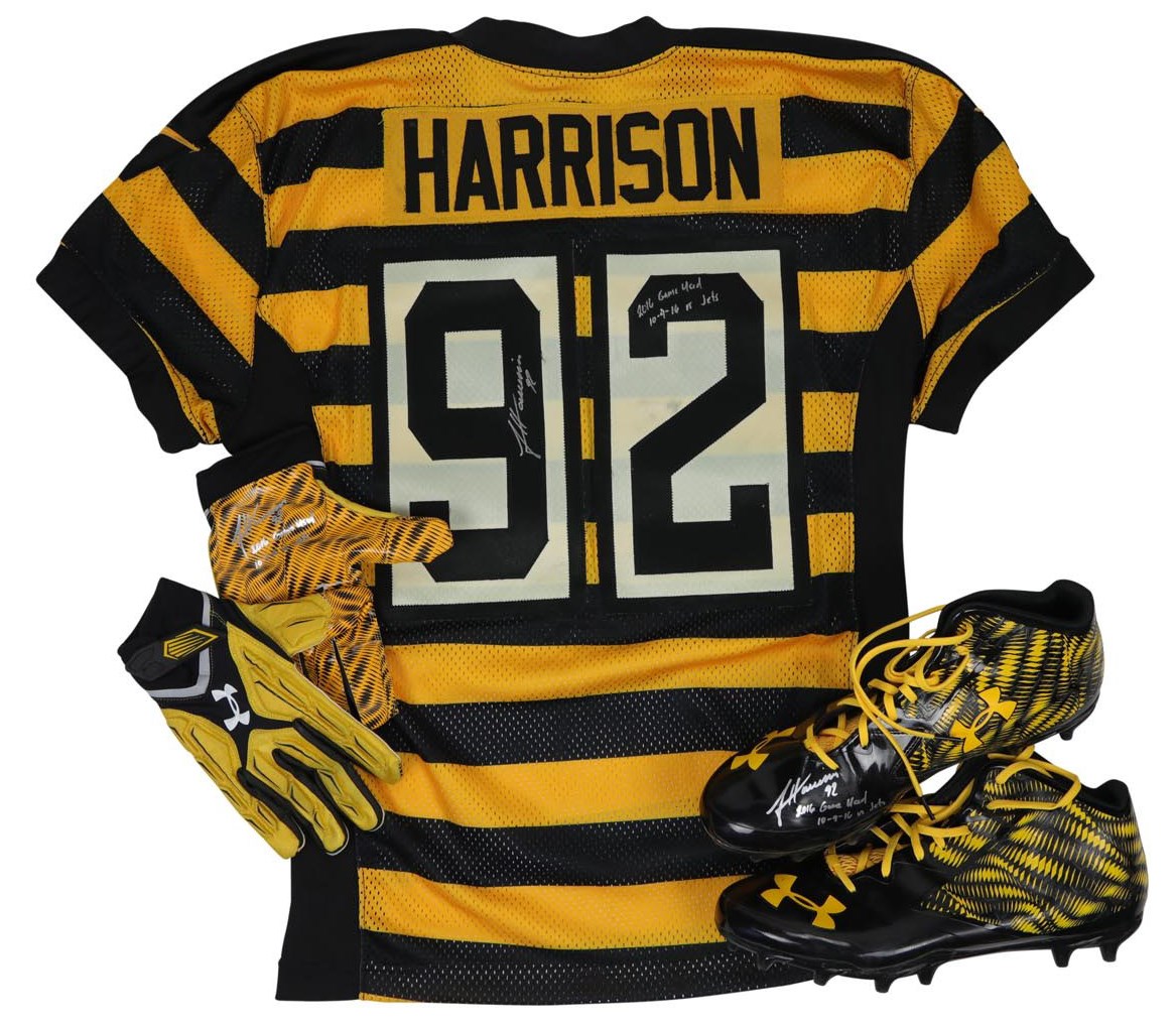Football - 2016 James Harrison Pittsburgh Steelers Game Worn "Bumble Bee" Jersey, Cleats and Gloves (Photo-Matched & Harrison Letters)