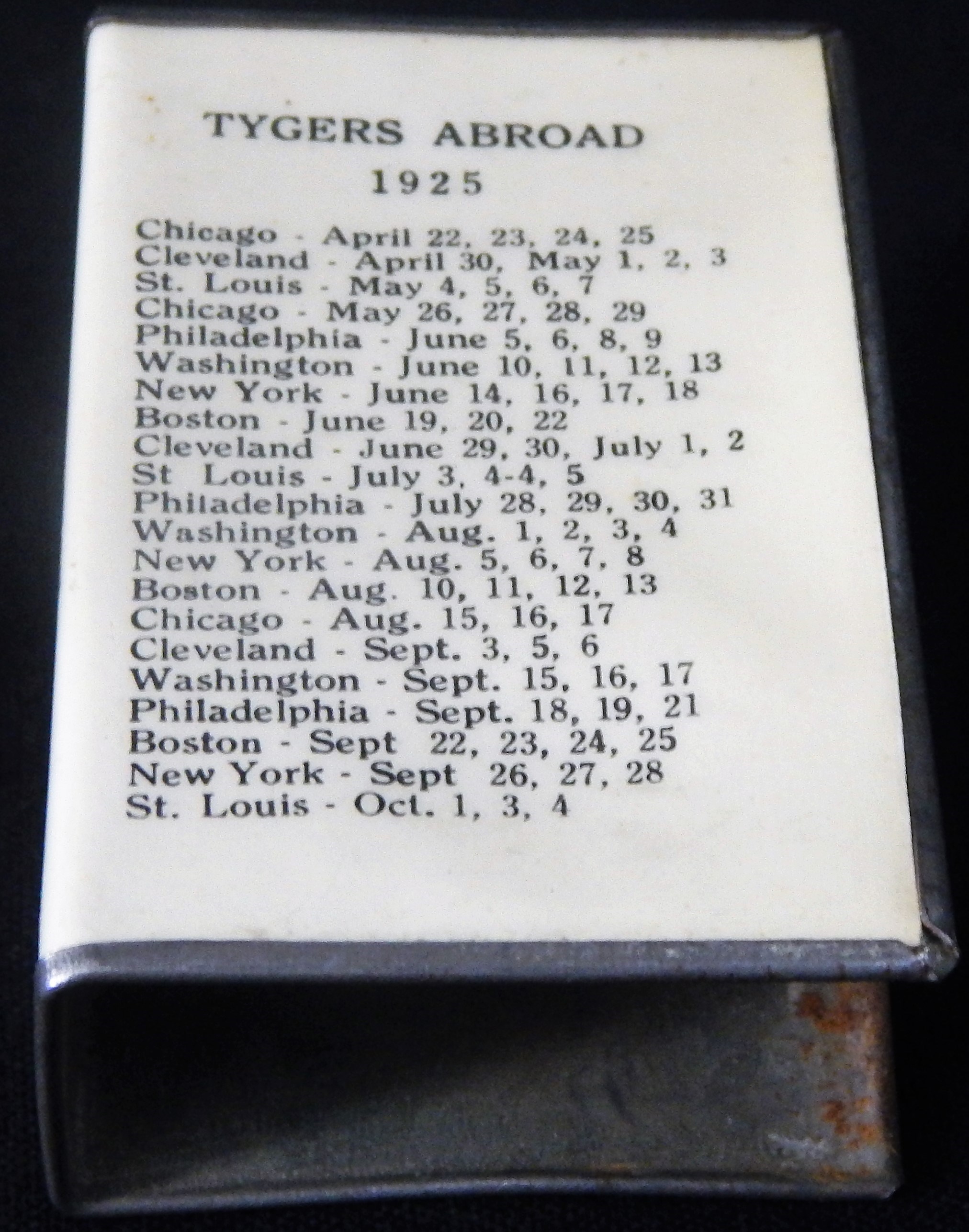 Ty Cobb and Detroit Tigers - 1925 Detroit Tigers Match Holder w/Schedule