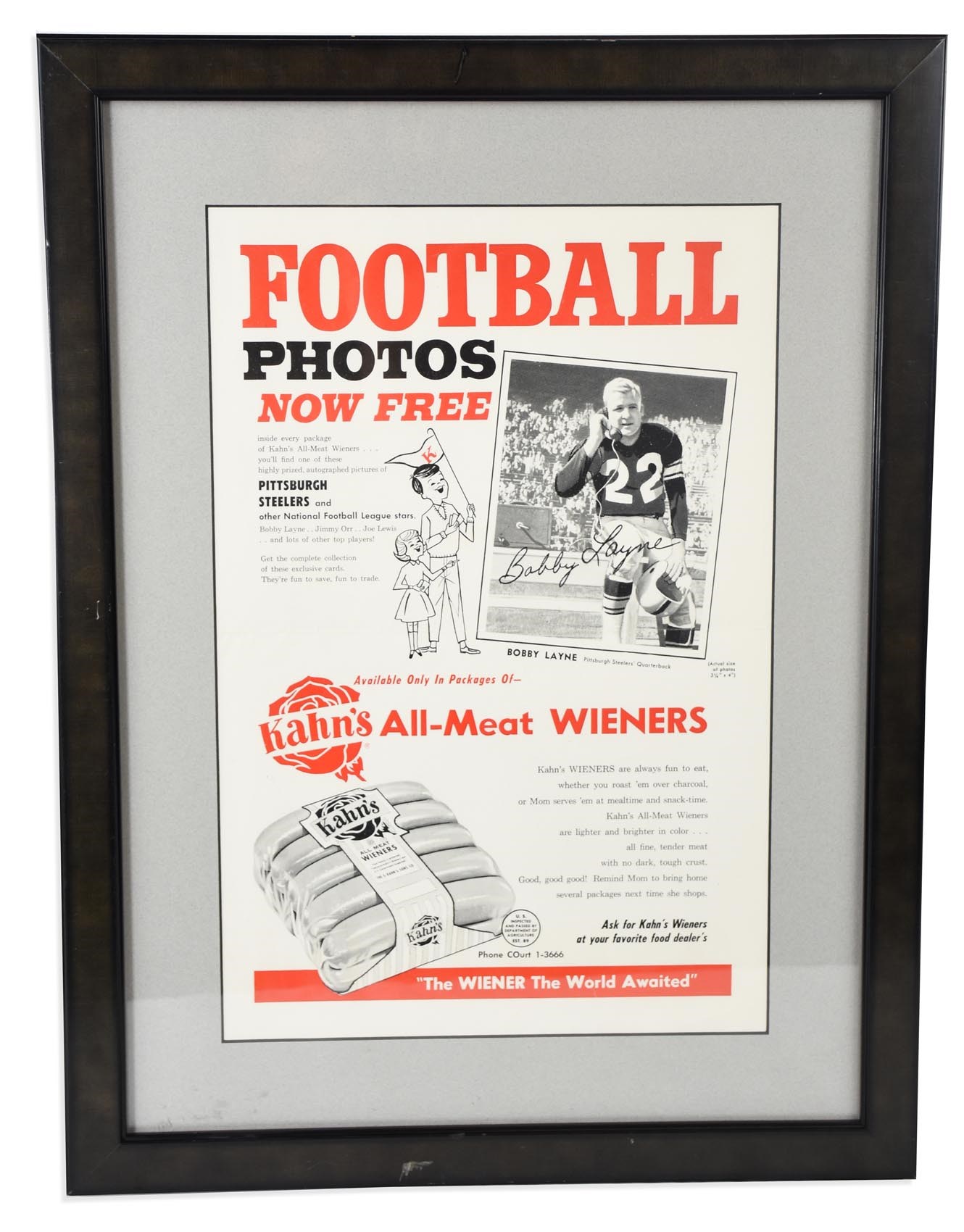 1959 Bobby Layne Kahn's Weiner Advertising Poster