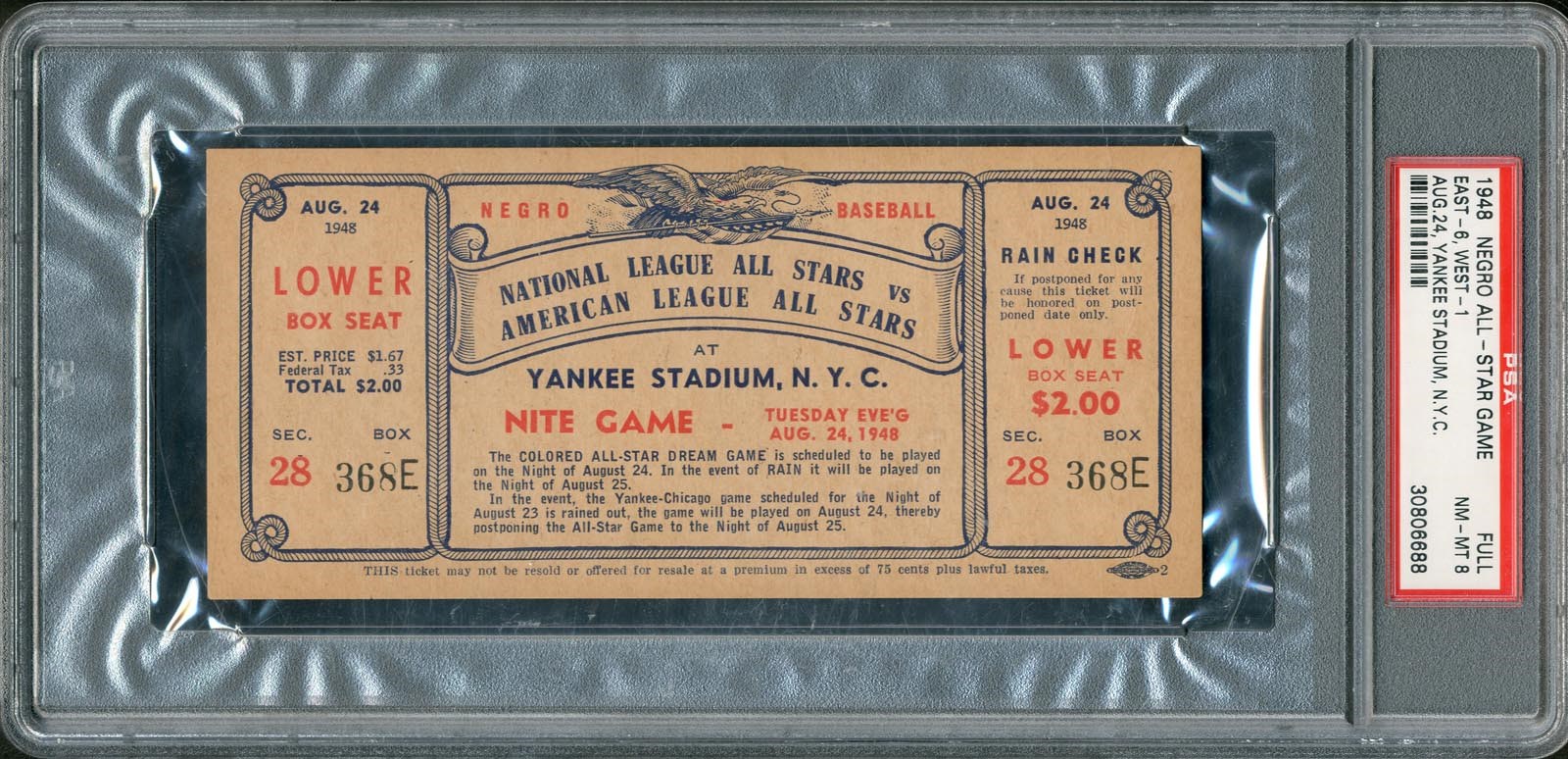 1948 Negro League All Star Game Full Ticket PSA 8 (Highest Graded)