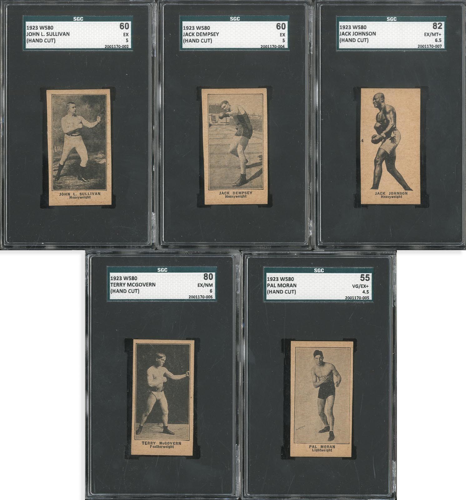 - Five 1923 W580 Boxing Cards w/ Johnson, Dempsey & Sullivan SGC Graded