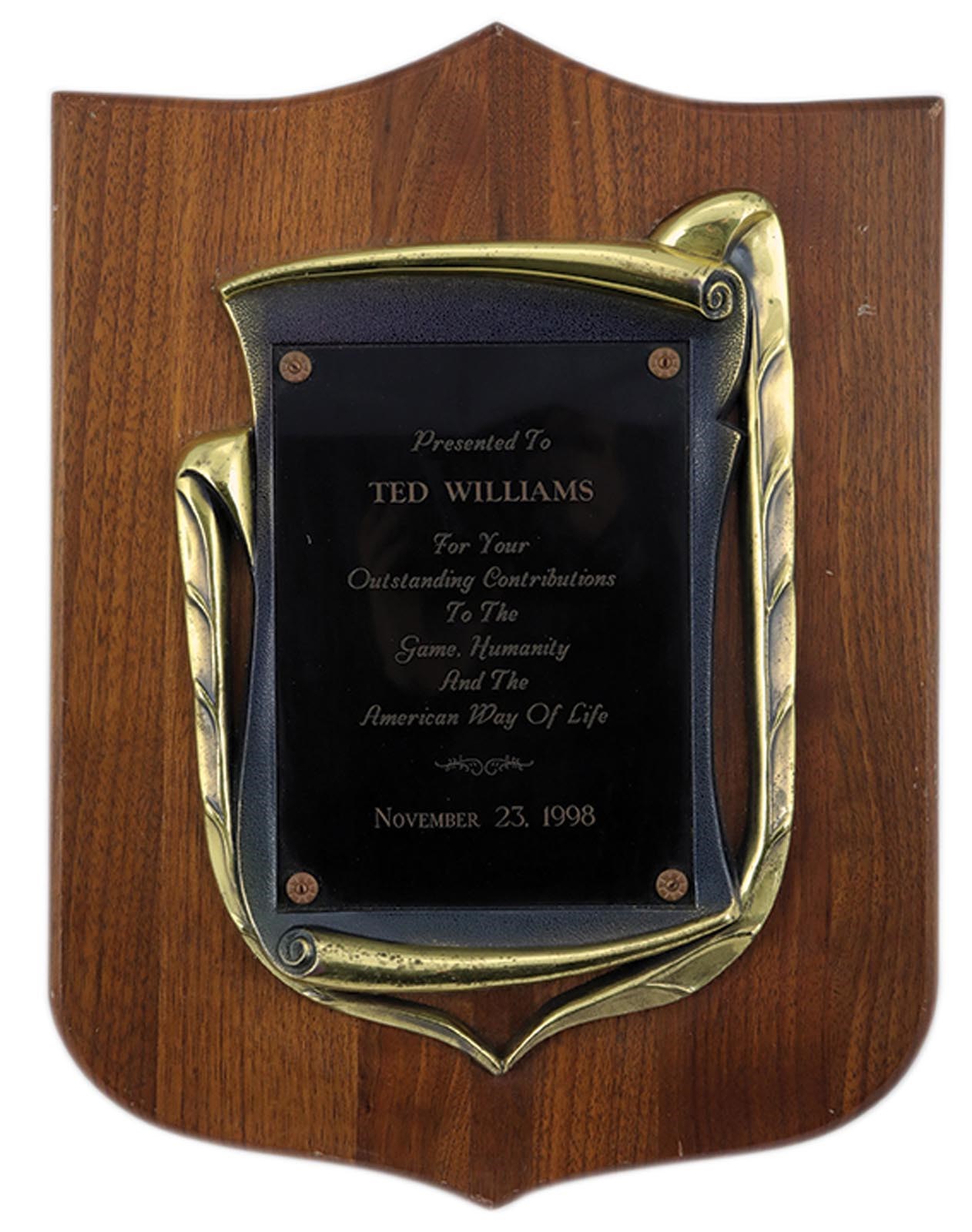 Boston Sports - Award Plaque Presented to Ted Williams