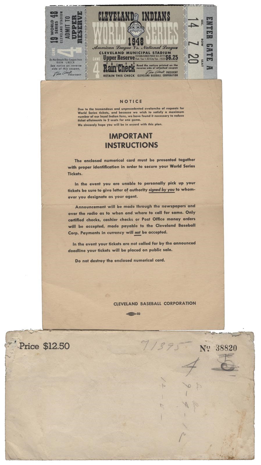 1948 Cleveland Indians World Series Ticket w/Original Envelope & Mailer (Game 4)
