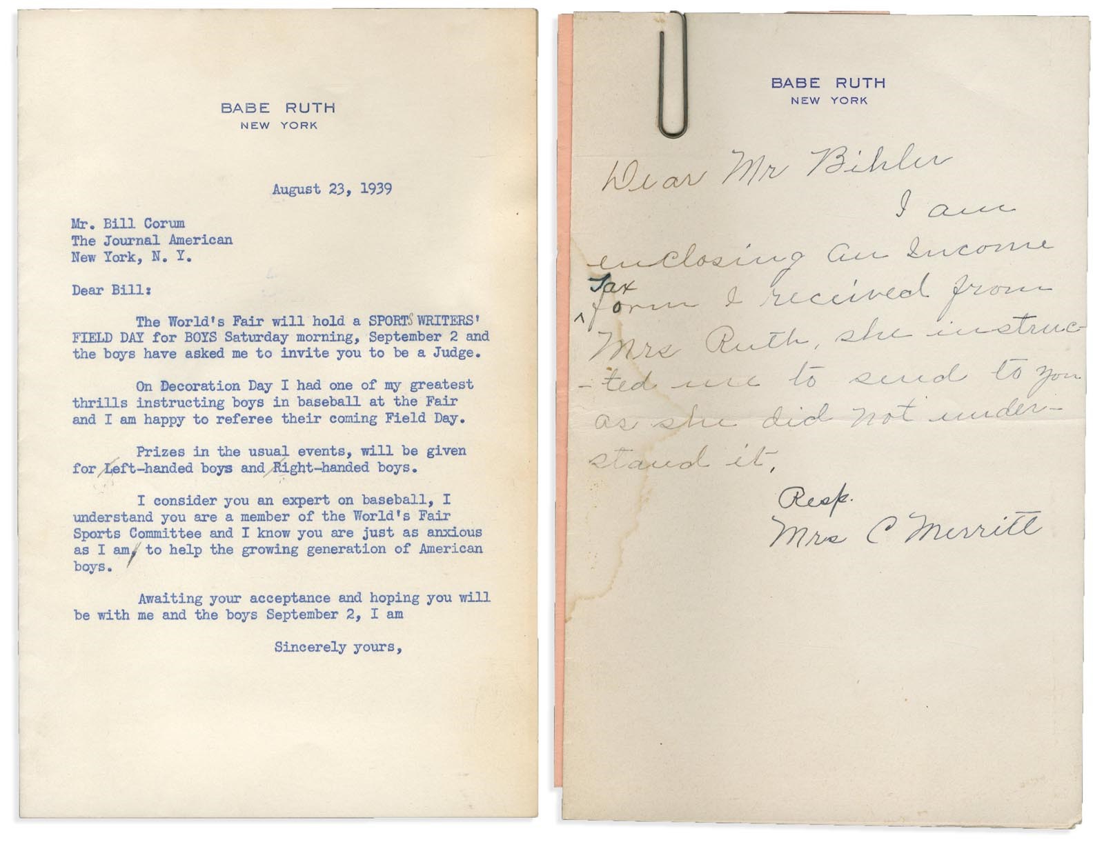 - 1930s-40s Babe Ruth Stationery & Envelopes