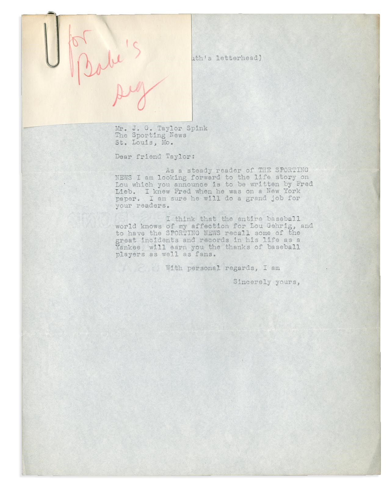 Collection Of Babe Ruth's Right Hand Man - 1942 Babe Ruth Draft of Quote for Lou Gehrig Book