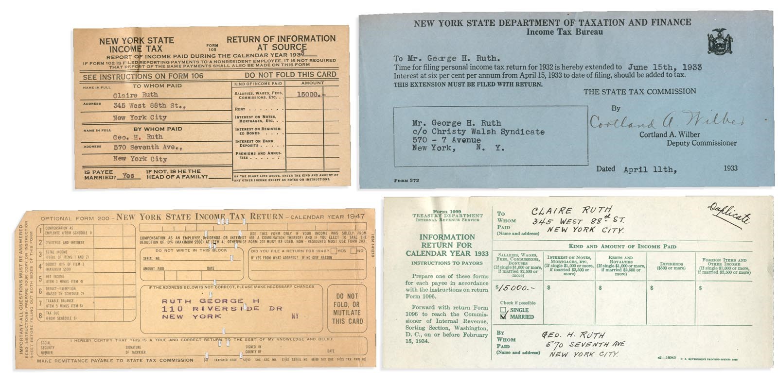 Collection Of Babe Ruth's Right Hand Man - 1933 & 1947 Babe Ruth Tax Documents (4)