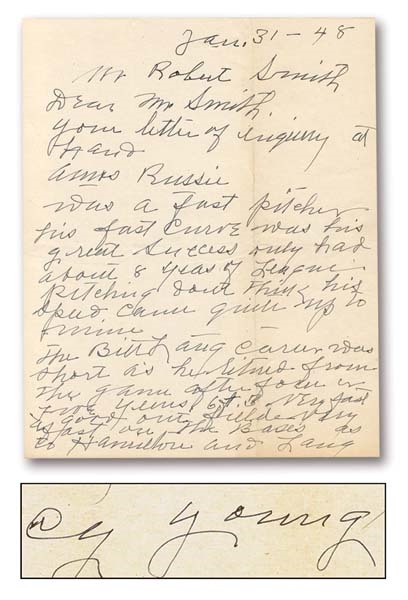Cy Young - 1948 Cy Young Handwritten Letter With Great Content