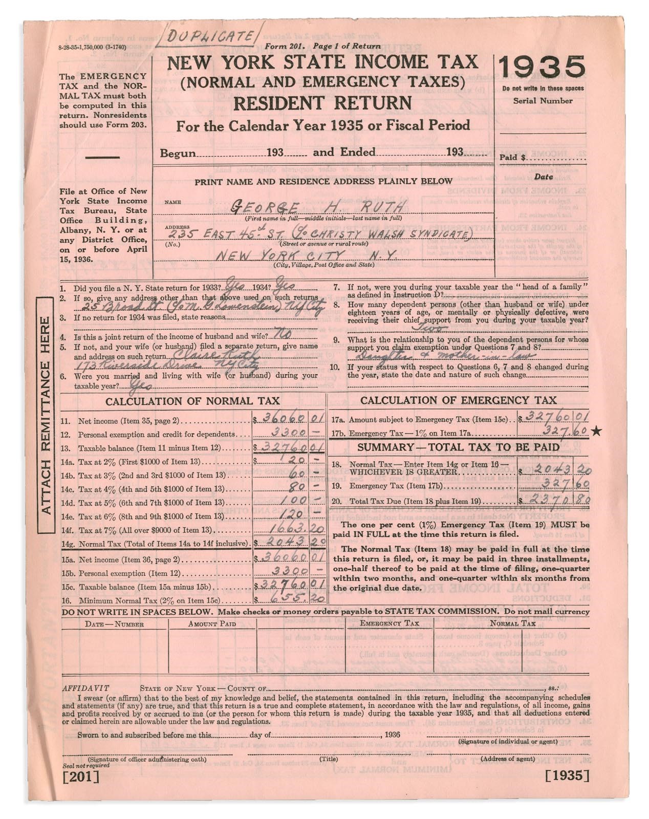 Babe Ruth 1935 State Income Tax Return - Last Year As Player