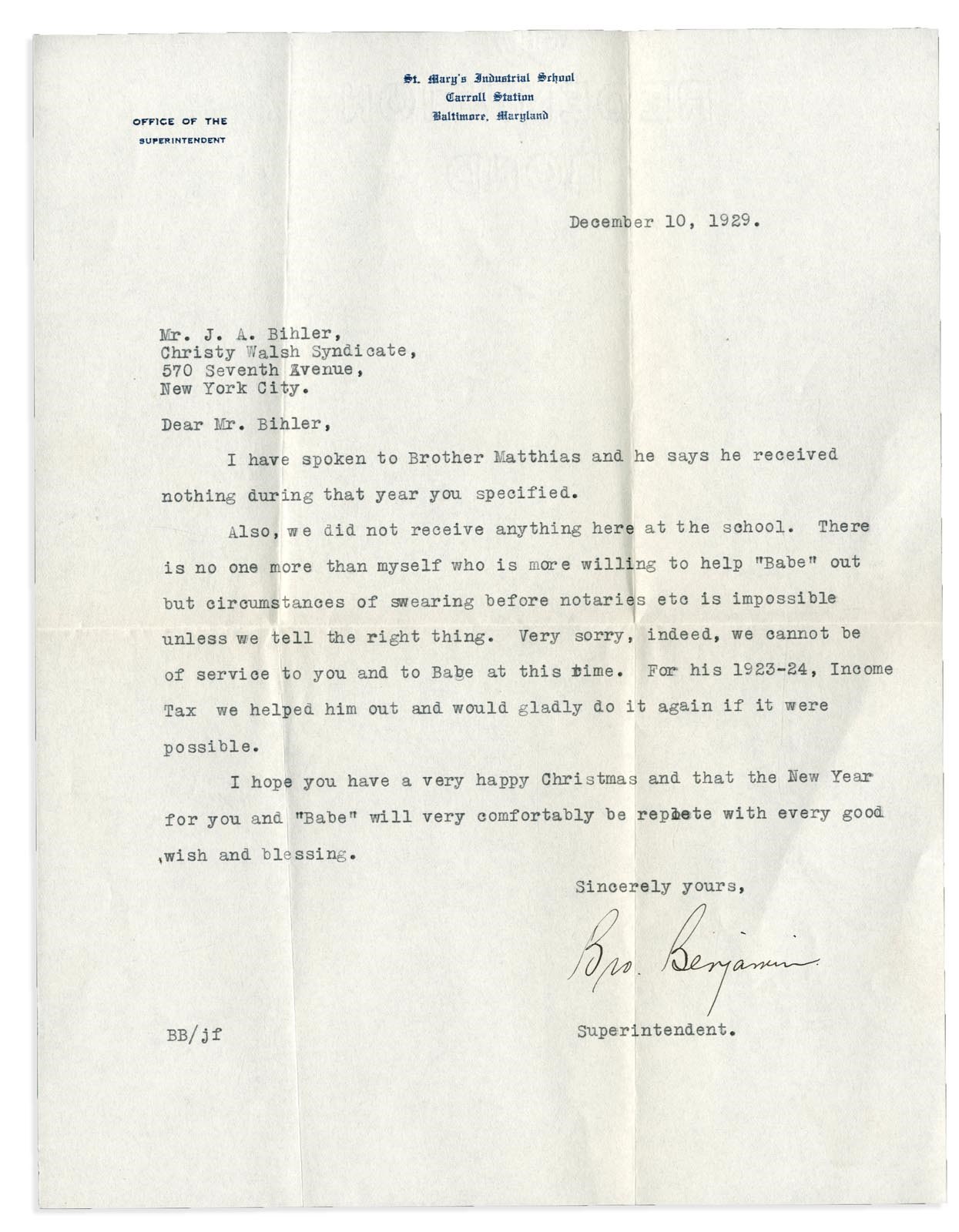 Collection Of Babe Ruth's Right Hand Man - Important 1929 St. Mary's Industrial School Letter r.e. Brother Matthias Won't Lie To Save Babe Ruth From Tax Troubles