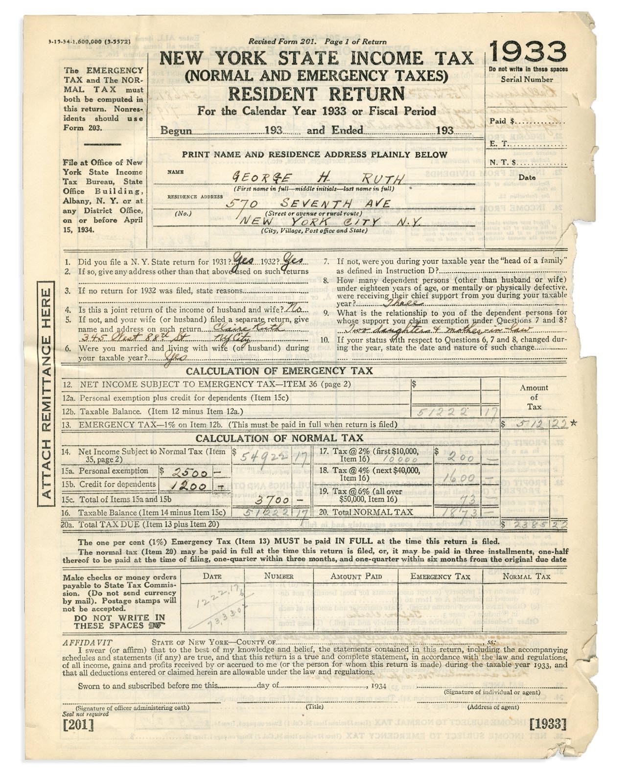 Collection Of Babe Ruth's Right Hand Man - 1933 Babe Ruth N.Y. State Income Tax Return